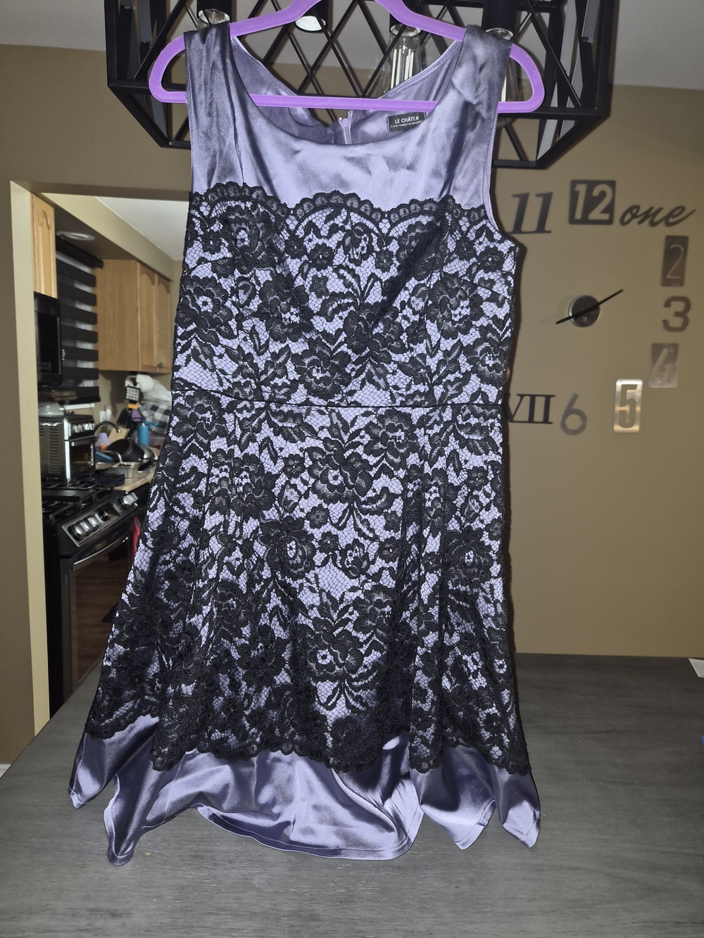 le chateau Purple Satin Dress with Black Lace Overlay